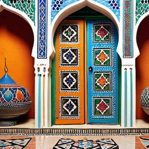 Home 19 **Prompt:** "Contemporary Moroccan art, a fusion of traditional Amazigh, Arabic, and Islamic motifs with modern global art styles. Vivid colors inspired by Moroccan landscapes, showcasing the blend of heritage and innovation."