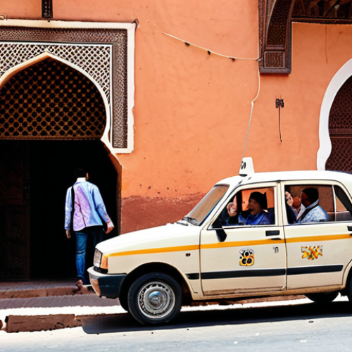 Home 18 **A vibrant, bustling street scene in Marrakech, Morocco, showcasing a distinctive beige 'petit taxi' (small taxi) parked at the curb. A friendly tourist, holding a small backpack, is engaging in conversation with the taxi driver through the car window, implying a negotiation or confirmation of the meter. The background features traditional Moroccan architecture, lively souks, and pedestrians, capturing the city's energetic atmosphere under a warm, sunny sky.**