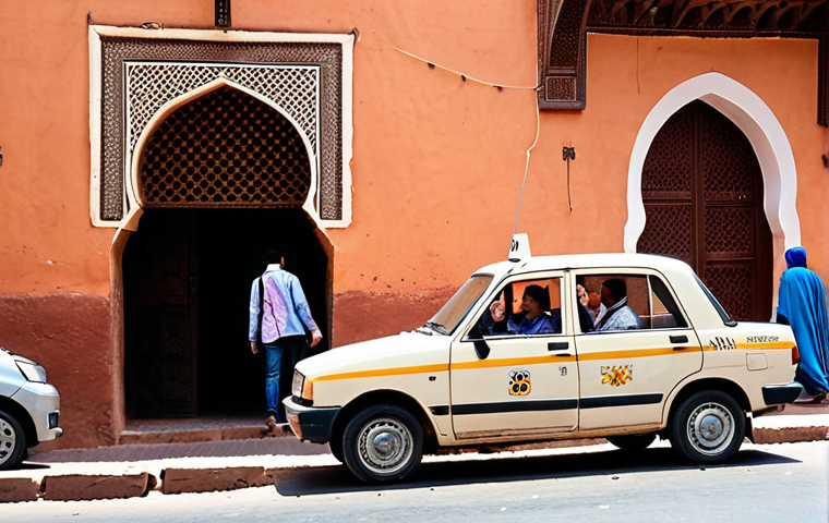 **A vibrant, bustling street scene in Marrakech, Morocco, showcasing a distinctive beige 'petit taxi' (small taxi) parked at the curb. A friendly tourist, holding a small backpack, is engaging in conversation with the taxi driver through the car window, implying a negotiation or confirmation of the meter. The background features traditional Moroccan architecture, lively souks, and pedestrians, capturing the city's energetic atmosphere under a warm, sunny sky.**