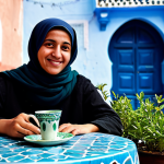 A tranquil individual of diverse background, fully clothed in modest, comfortable, and appropriate attire, sits peacefully at a table in a charming, sun-drenched cafe. The scene is set in the blue city of Chefchaouen, with traditional Moroccan architecture, vibrant potted plants, and distant, serene alleys in the background. A small glass of traditional Moroccan mint tea rests on the table, capturing the tranquility and timelessness of Moroccan life. Perfect anatomy, correct proportions, natural pose, well-formed hands, proper finger count, natural body proportions. Professional photography, sharp focus, vibrant colors, warm natural light, high detail. Safe for work, appropriate content, fully clothed, modest, family-friendly.