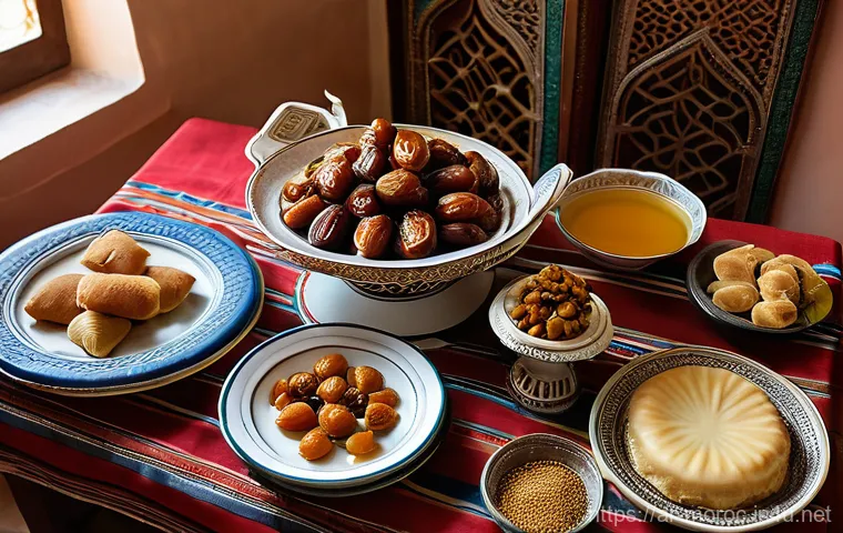 모로코에서 라마단 체험 - **A Warm Moroccan Iftar Gathering:**
    A beautifully arranged Moroccan Iftar table, viewed from a ...