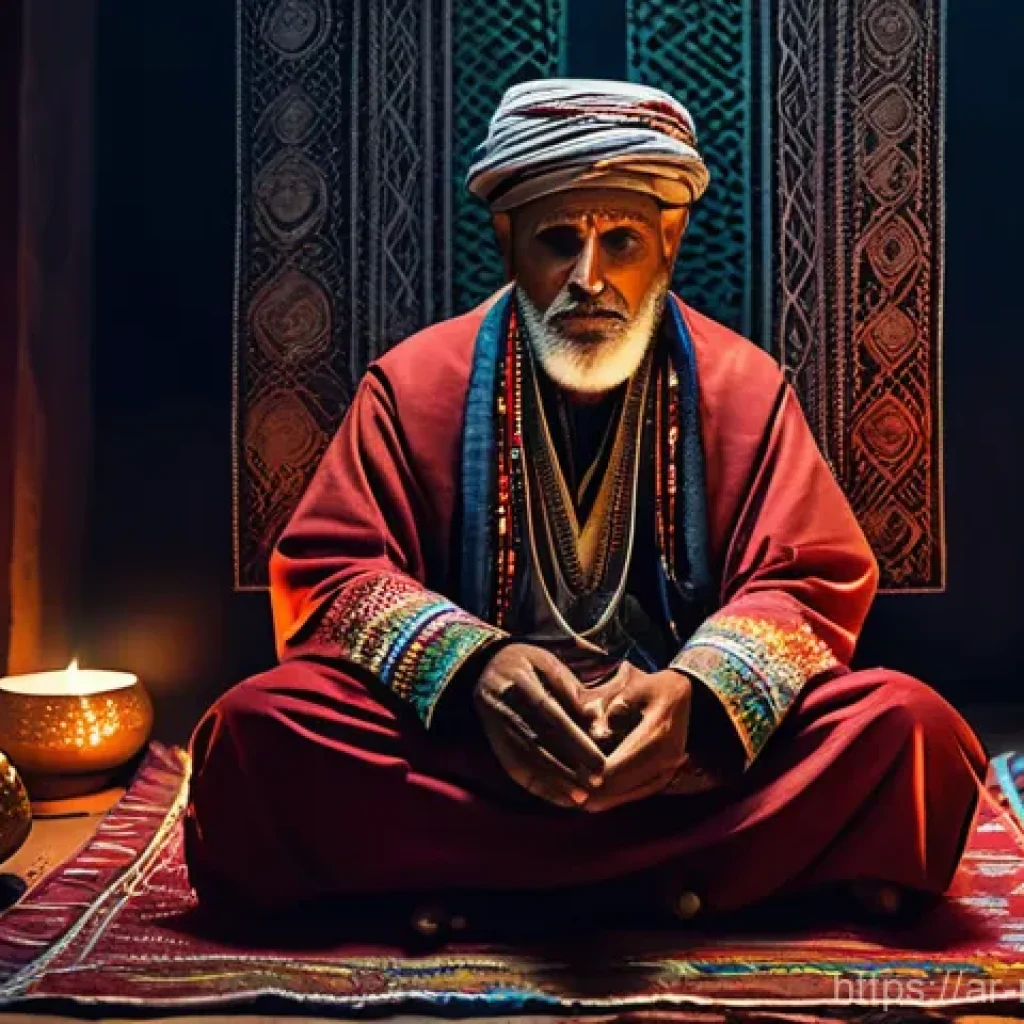 모로코 전통 악기 가나와 - **A traditional Gnawa Lila ritual in a dimly lit, intimate Moroccan zawiya.** A wise Maalem (master ...