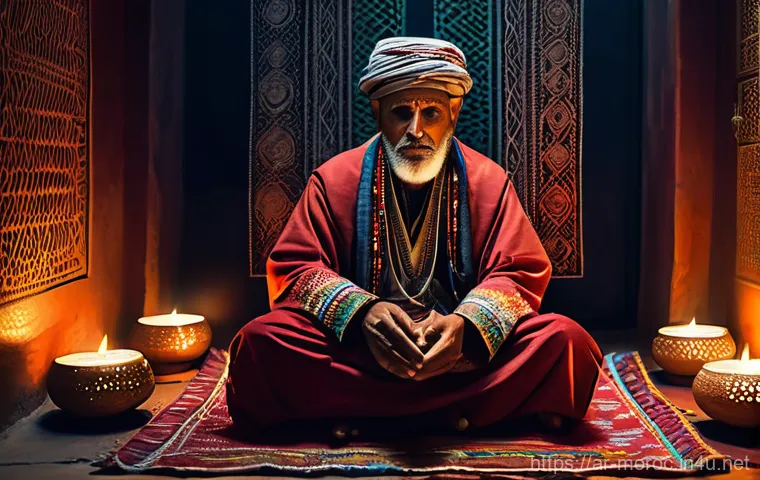 모로코 전통 악기 가나와 - **A traditional Gnawa Lila ritual in a dimly lit, intimate Moroccan zawiya.** A wise Maalem (master ...