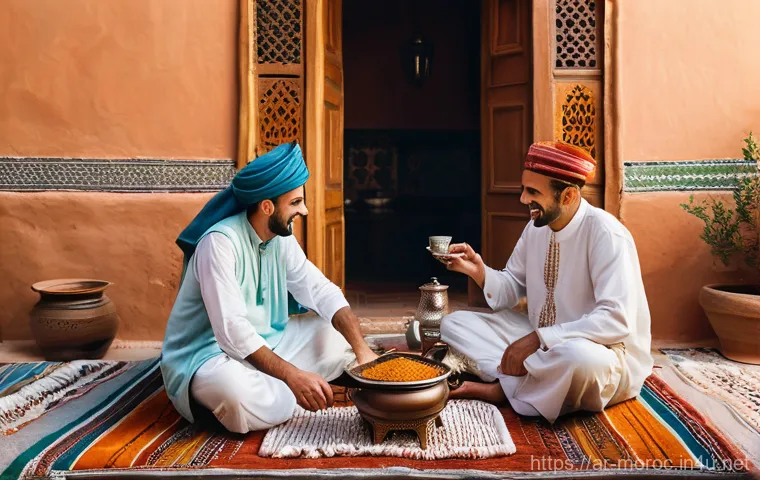모로코의 법과 샤리아 - **A Serene Moroccan Family Meal:** A warm and inviting scene inside a traditional Moroccan home, whe...