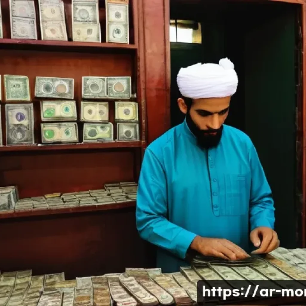 모로코 화폐 디르함 정보 - **Prompt:** A vibrant, authentic scene inside a traditional Moroccan "Bureau de Change" (currency ex...