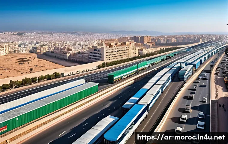 모로코 경제 성장 요인 - A vibrant modern Moroccan cityscape featuring advanced infrastructure: wide multi-lane highways with...