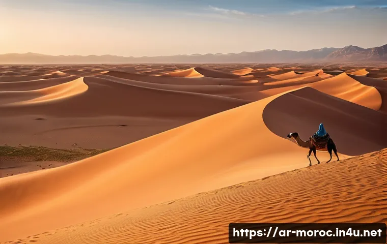 모로코에서 영화 촬영지 방문 - A vast cinematic desert landscape in the Moroccan Sahara, featuring endless golden sand dunes under ...