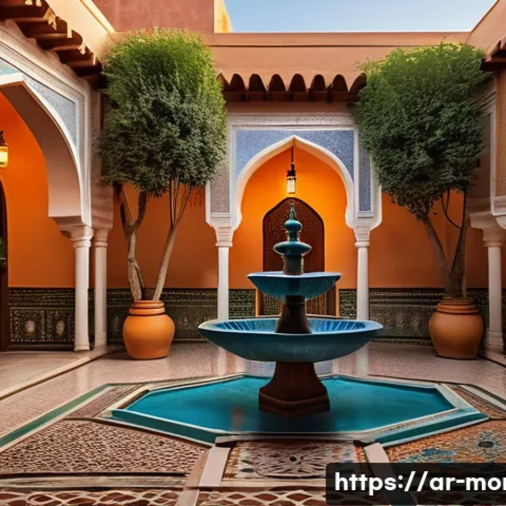 모로코 리야드 숙소 - A traditional Moroccan riad courtyard at sunset, featuring intricate colorful zellij tilework on wal...