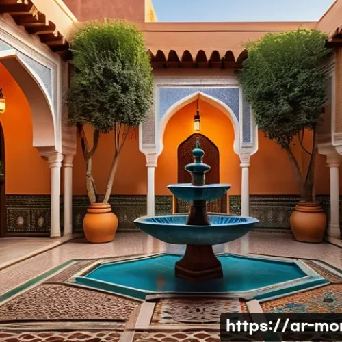 모로코 리야드 숙소 - A traditional Moroccan riad courtyard at sunset, featuring intricate colorful zellij tilework on wal...