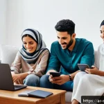 모로코에서 인터넷 사용하기 - A modern Moroccan family sitting comfortably in a well-lit living room, using various digital device...