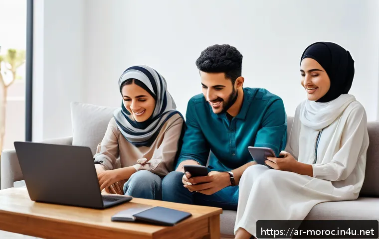 모로코에서 인터넷 사용하기 - A modern Moroccan family sitting comfortably in a well-lit living room, using various digital device...