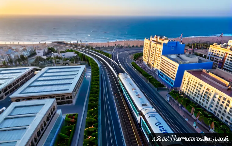모로코의 경제 발전 전망 - Photorealistic wide-angle view of Morocco’s economic growth: a modern Casablanca business district w...
