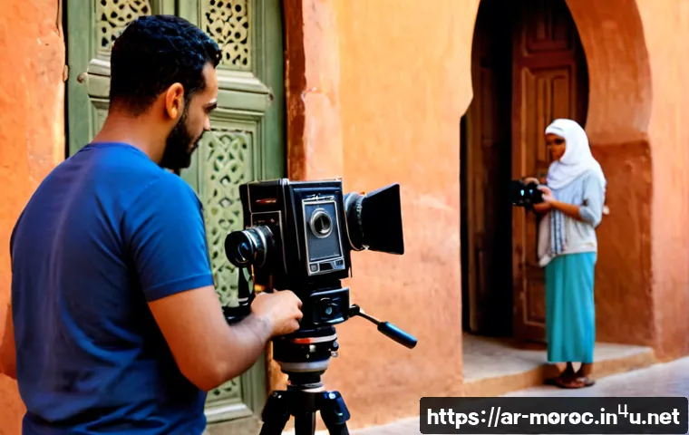 모로코 영화 산업 - Photorealistic Moroccan film production on a sunlit historic street in Marrakech, a focused Arab Mor...